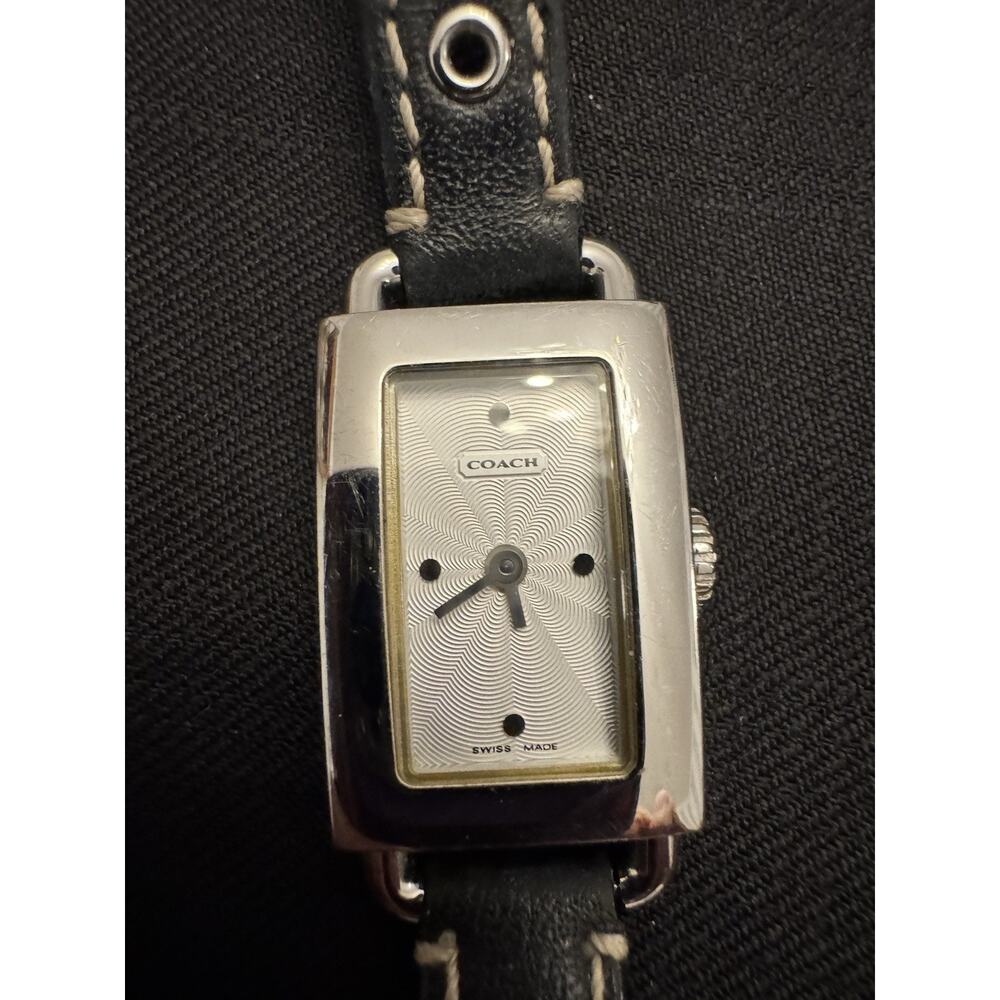 Coach Women's Silver Tone Tank Watch Black Leather Band